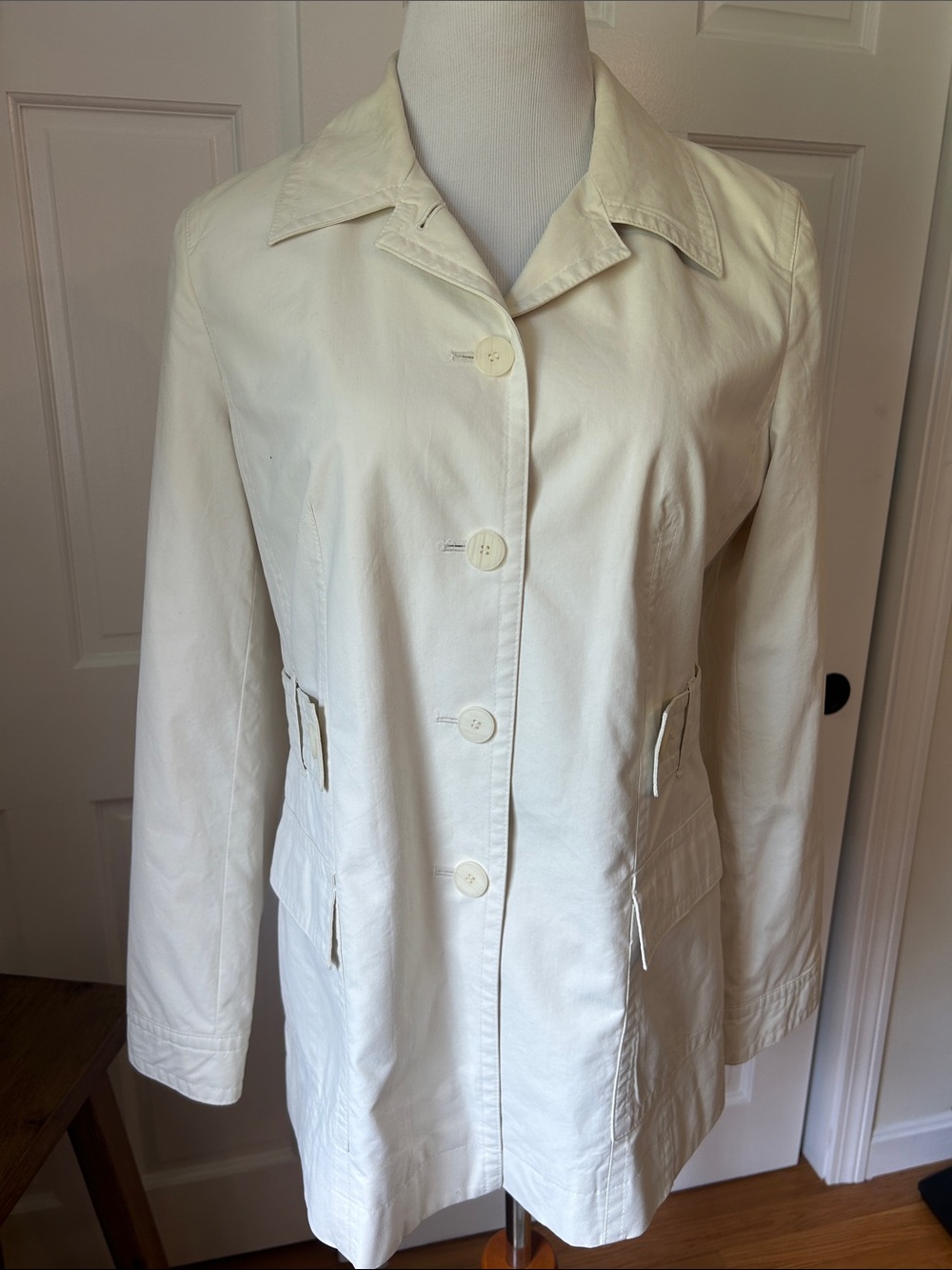 LOFT Ann Taylor Cream Button-Front light weight Coat with Waist Tabs